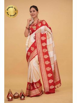 Isadora Life - Womens Woven Tassels Off White Pre-Draped Saree with Unstitched Blouse