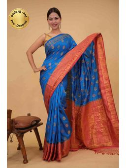 Isadora Life - Womens Woven Tassels Blue Pre-Draped Saree with Unstitched Blouse