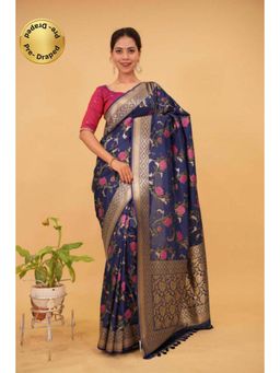 Isadora Life - Womens Floral Zari Blue Pre-Draped Saree with Unstitched Blouse
