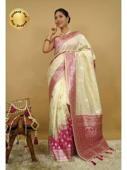 Isadora Life - Womens Woven Zari Cream Pre-Draped Saree with Unstitched Blouse