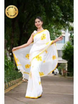 Isadora Life - Womens Floral Printed White Pre-Draped Saree with Unstitched Blouse