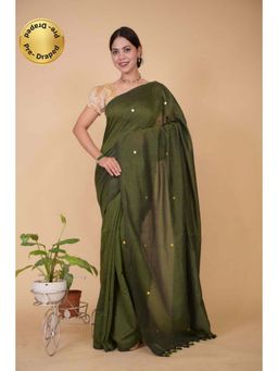 Isadora Life - Womens Woven Tassels Green Pre-Draped Saree with Unstitched Blouse