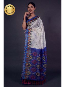 Isadora Life - Womens Checks Printed White Pre-Draped Saree with Unstitched Blouse