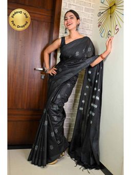 Isadora Life - Womens Printed Tassels Black Pre-Draped Saree with Unstitched Blouse