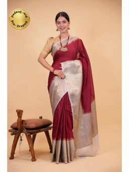 Isadora Life - Womens Woven Zari Maroon Pre-Draped Saree with Unstitched Blouse