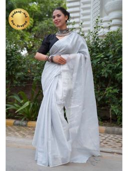 Isadora Life - Womens Solid Tassels White Pre-Draped Saree with Unstitched Blouse