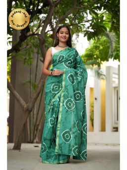 Isadora Life - Womens Tie & Dye Printed Green Pre-Draped Saree with Unstitched Blouse