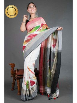 Isadora Life - Womens Floral Printed White Pre-Draped Saree with Unstitched Blouse
