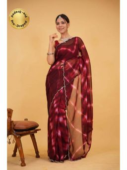 Isadora Life - Womens Tie & Dye Sequined Maroon Pre-Draped Saree with Unstitched Blouse