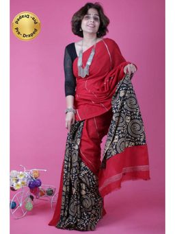 Isadora Life - Womens Printed Red Pre-Draped Saree with Unstitched Blouse