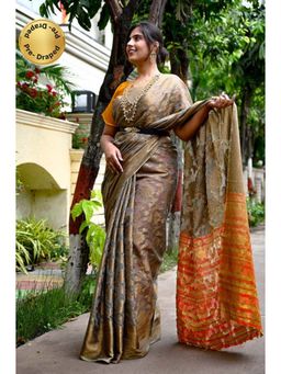 Isadora Life - Womens Woven Zari Multi-Color Pre-Draped Saree with Unstitched Blouse