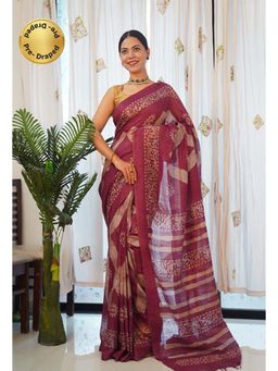 Isadora Life - Womens Printed Tassels Maroon Pre-Draped Saree with Unstitched Blouse