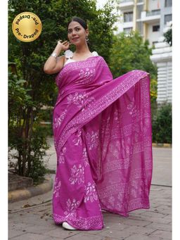Isadora Life - Womens Block Print Purple Pre-Draped Saree with Unstitched Blouse