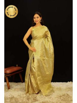 Isadora Life - Womens Woven Zari Gold Pre-Draped Saree with Unstitched Blouse