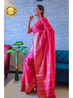 Isadora Life - Womens Woven Zari Pink Pre-Draped Saree with Unstitched Blouse