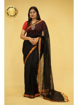 Isadora Life - Womens Tassels Sequined Black Pre-Draped Saree with Unstitched Blouse
