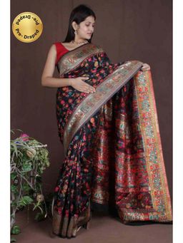 Isadora Life - Womens Floral Zari Black Pre-Draped Saree with Unstitched Blouse