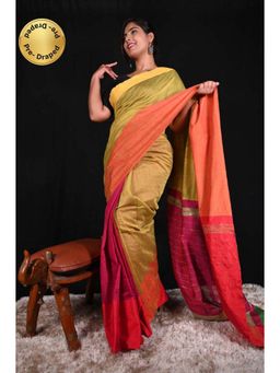 Isadora Life - Womens Colorblock Woven Green Pre-Draped Saree with Unstitched Blouse
