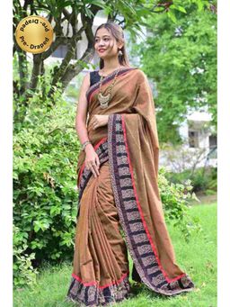 Isadora Life - Womens Printed Brown Pre-Draped Saree with Unstitched Blouse