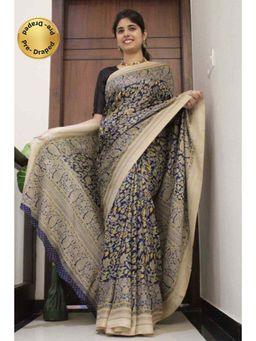 Isadora Life - Womens Floral Printed Blue Pre-Draped Saree with Unstitched Blouse