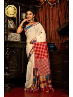 Isadora Life - Womens Printed Tassels Off White Pre-Draped Saree with Unstitched Blouse