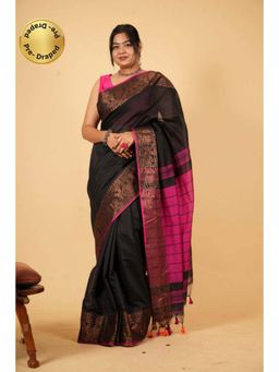 Isadora Life - Womens Woven Zari Black Pre-Draped Saree with Unstitched Blouse