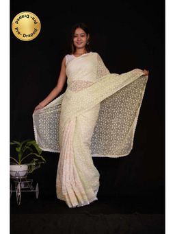 Isadora Life - Womens Sequined Embroidered Cream Pre-Draped Saree with Unstitched Blouse