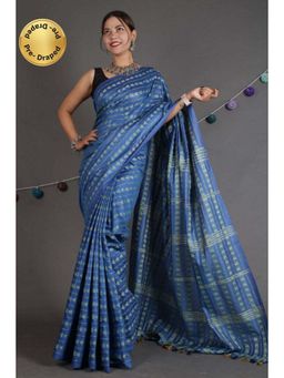 Isadora Life - Womens Embroidered Thread Work Blue Pre-Draped Saree with Unstitched Blouse