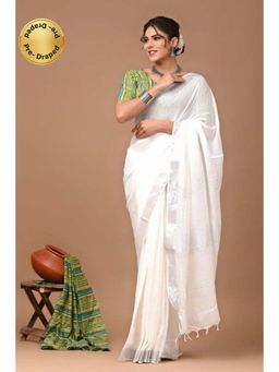 Isadora Life - Womens Solid Tassels White Pre-Draped Saree with Unstitched Blouse