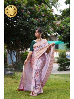 Isadora Life - Womens Floral Zari Pink Pre-Draped Saree with Unstitched Blouse