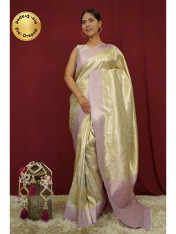 Isadora Life - Womens Woven Zari Cream Pre-Draped Saree with Unstitched Blouse