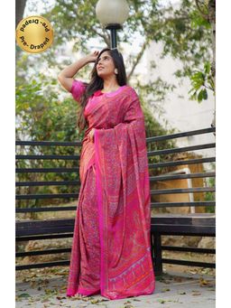 Isadora Life - Womens Paisley Printed Pink Pre-Draped Saree with Unstitched Blouse