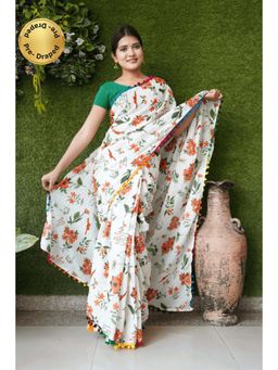 Isadora Life - Womens Floral Printed White Pre-Draped Saree with Unstitched Blouse