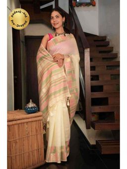 Isadora Life - Womens Woven Tassels Cream Pre-Draped Saree with Unstitched Blouse