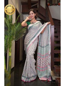 Isadora Life - Womens Block Print Off White Pre-Draped Saree with Unstitched Blouse