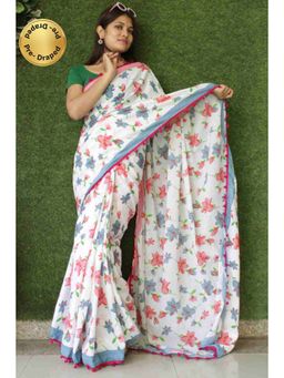 Isadora Life - Womens Floral Printed White Pre-Draped Saree with Unstitched Blouse