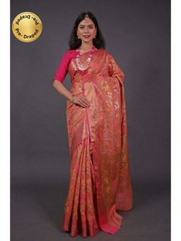Isadora Life - Womens Woven Zari Peach Pre-Draped Saree with Unstitched Blouse