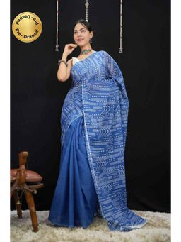 Isadora Life - Womens Printed Blue Pre-Draped Saree with Unstitched Blouse