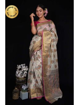 Isadora Life - Womens Woven Zari White Pre-Draped Saree with Unstitched Blouse