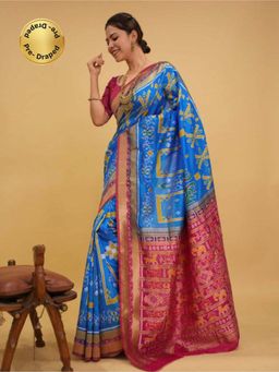 Isadora Life - Womens Printed Blue Pre-Draped Saree with Unstitched Blouse