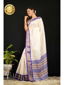 Isadora Life - Womens Checks Tassels Cream Pre-Draped Saree with Unstitched Blouse