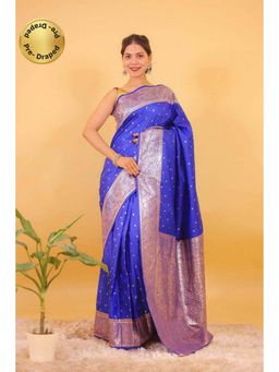 Isadora Life - Womens Woven Zari Blue Pre-Draped Saree with Unstitched Blouse