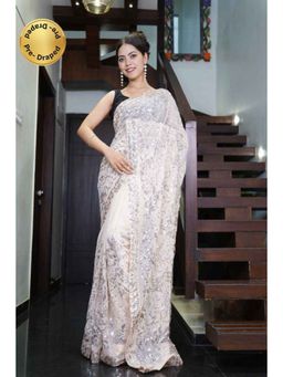 Isadora Life - Womens Sequined Embroidered Cream Pre-Draped Saree with Unstitched Blouse