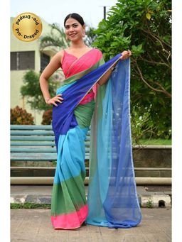 Isadora Life - Womens Colorblock Printed Multi-Color Pre-Draped Saree with Unstitched Blouse
