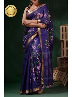 Isadora Life - Womens Floral Tassels Blue Pre-Draped Saree with Unstitched Blouse
