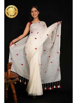 Isadora Life - Womens Embroidered Tassels White Pre-Draped Saree with Unstitched Blouse