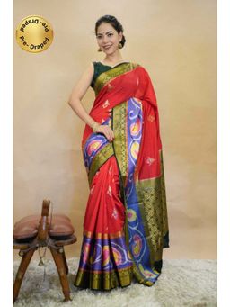 Isadora Life - Womens Printed Zari Red Pre-Draped Saree with Unstitched Blouse