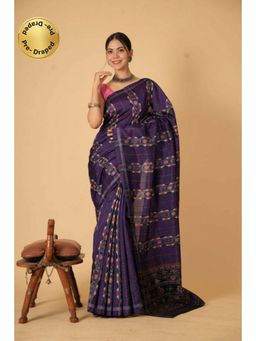 Isadora Life - Womens Printed Purple Pre-Draped Saree with Unstitched Blouse