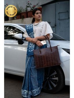 Isadora Life - Womens Hand Block Printed Blue Pre-Draped Saree with Unstitched Blouse