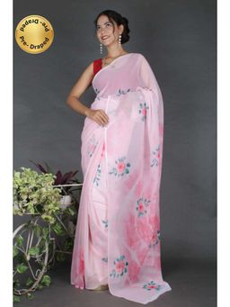 Isadora Life - Womens Floral Printed Pink Pre-Draped Saree with Unstitched Blouse